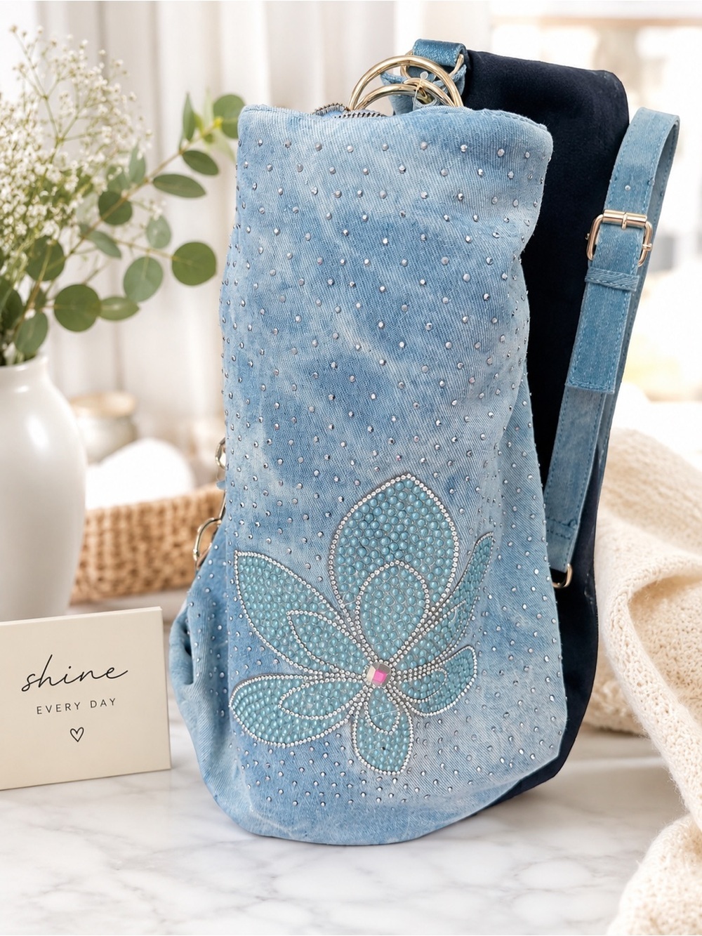 Casual Blue Floral Studded Hobo Bag by Manocchio - Picture 6 of 6
